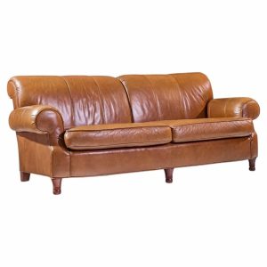 Brown leather sofa with rolled arms and wooden feet, three-seat arrangement.