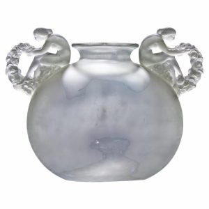 Ornate frosted glass vase with two sculpted cherub handles on either side.