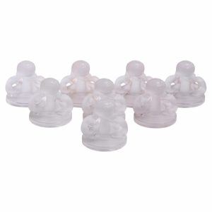 Eight small translucent figurines with round heads and short limbs, arranged in a cluster on clear bases.