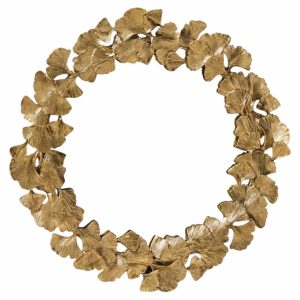Circular wreath made of overlapping gold ginkgo leaves, decorative home accent