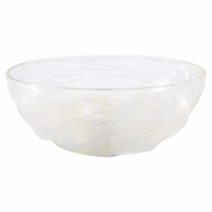 Clear glass bowl with subtle etched swirl patterns, empty and ready to use