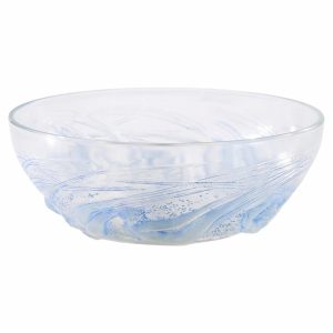 Clear glass bowl with light blue swirl patterns along the outside, for serving or mixing
