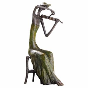 Bronze sculpture of a tall, slender seated figure in a long dress, playing a violin with a bow in hand.